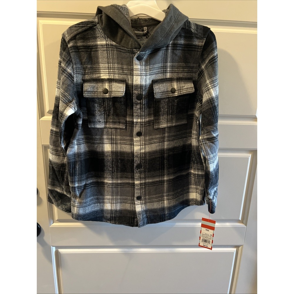 Hooded Flannel Shirt / Jacket Charcoal White Plaid Snap Front Youth Med (8)